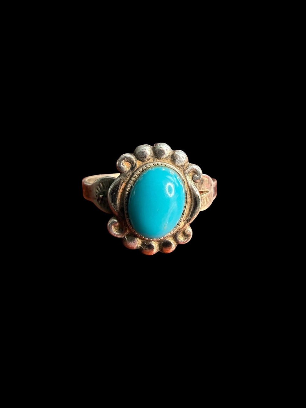 ESPO Sterling Silver Turquoise Color Oval Cab Beaded Halo Ring Size 7 Vintage